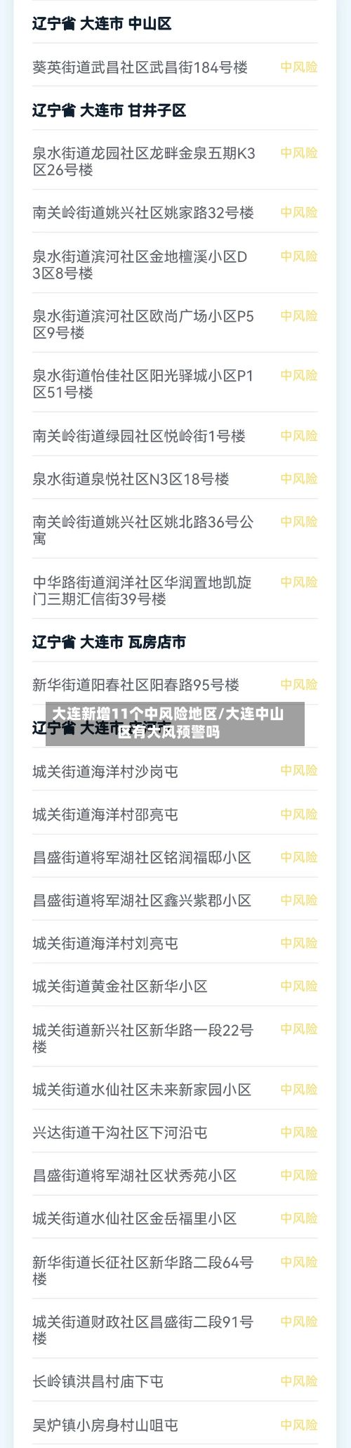 大连新增11个中风险地区/大连中山区有大风预警吗